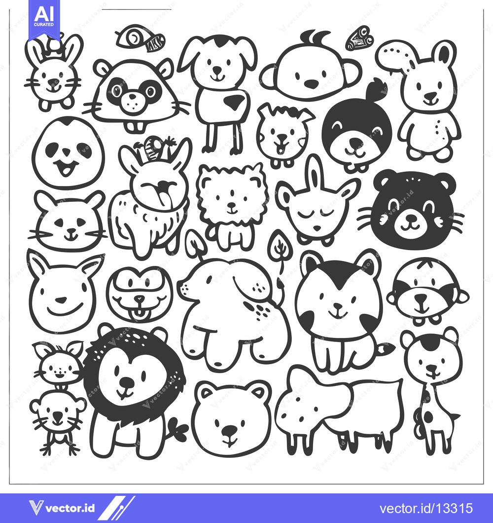 Premium Vector of A collection of hand-drawn black and white animal illustrations.