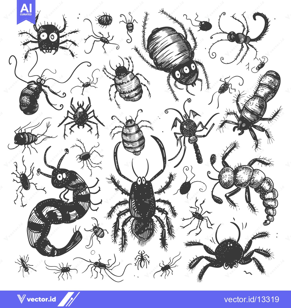 Premium Vector dari A Collection of Hand-Drawn Black and White Bug Illustrations
