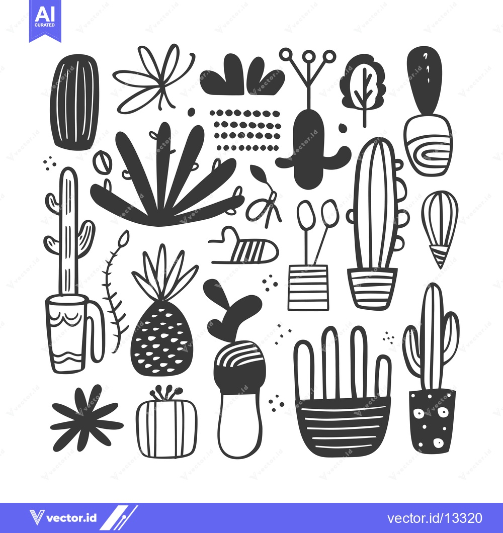Premium Vector of A Collection of Hand-Drawn Black and White Cactus and Plant Illustrati