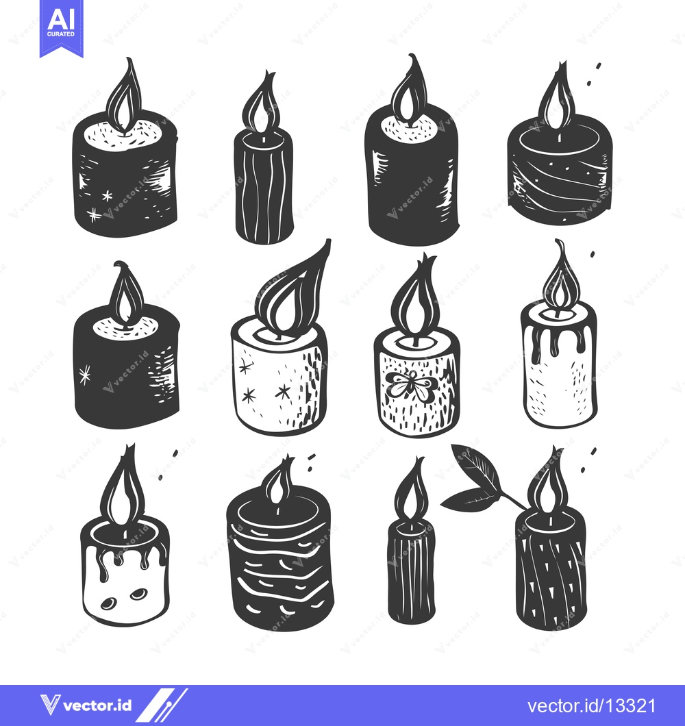 Premium Vector dari A Collection of Hand-Drawn Black and White Candles with Flames
