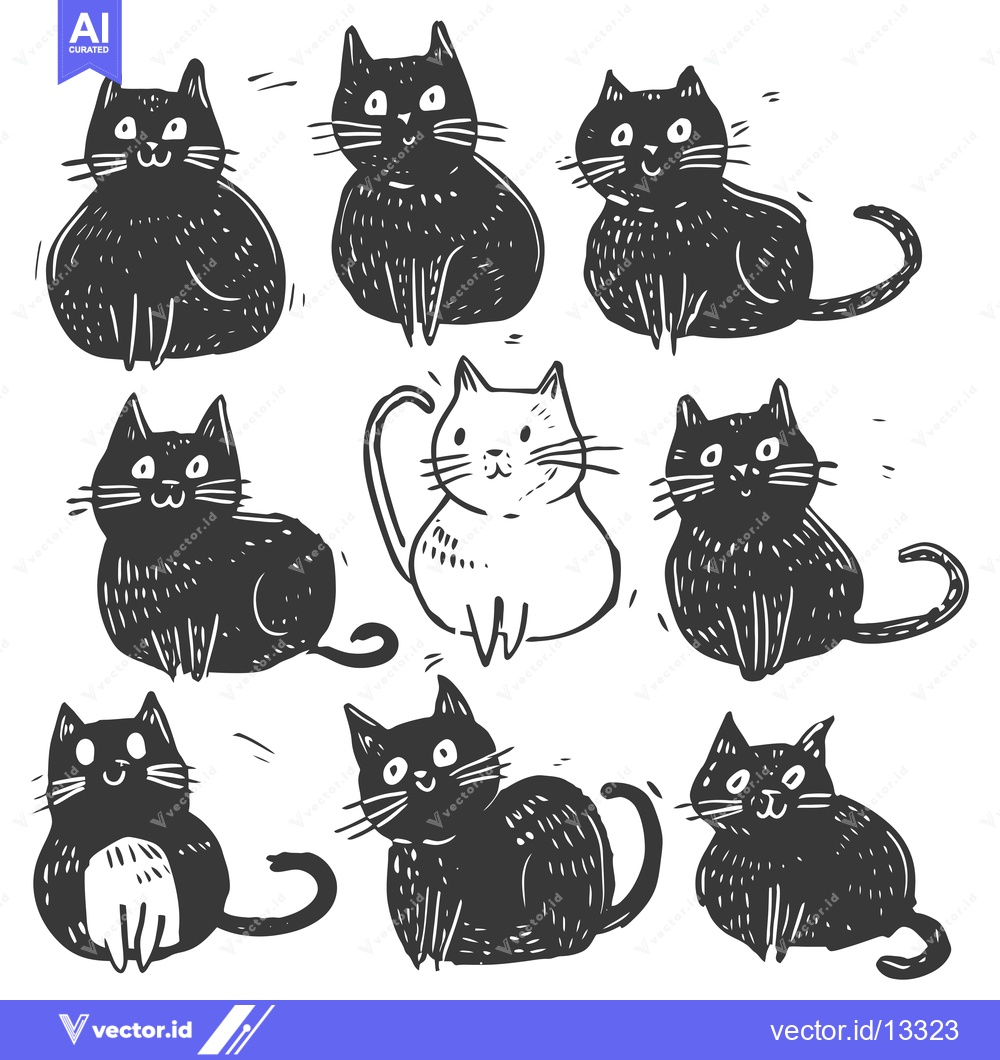 Premium Vector of A Collection of Hand-Drawn Black and White Cats with Different Poses a