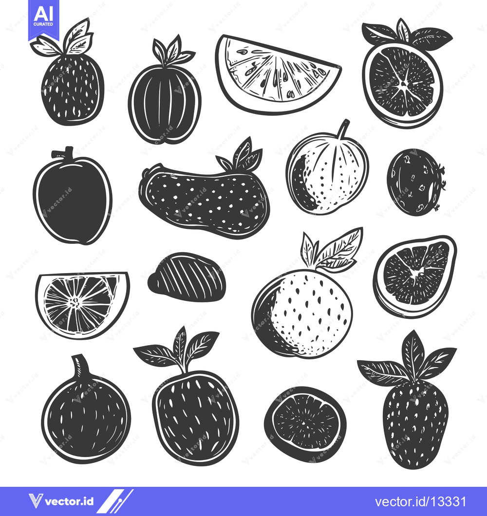 Premium Vector dari A Collection of Hand-Drawn Black and White Fruits and Citrus