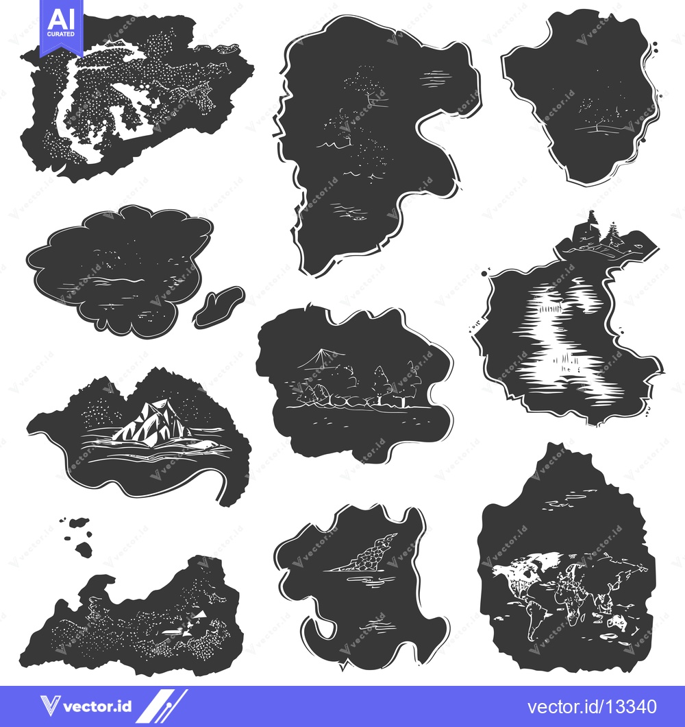Premium Vector dari A Collection of Hand-Drawn Black and White Islands with Varying Featur