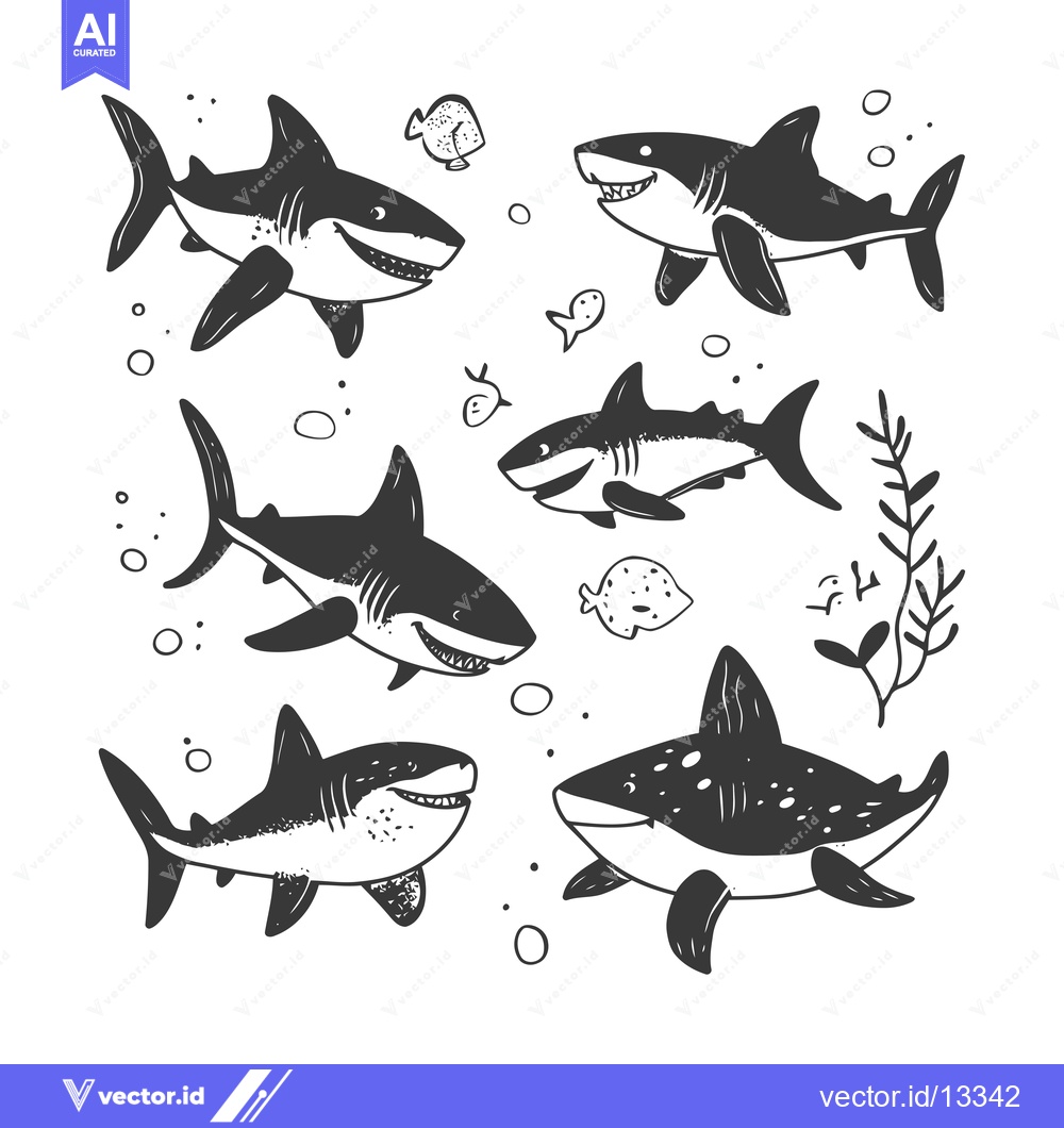 Premium Vector of A Collection of Hand-Drawn Black and White Sharks