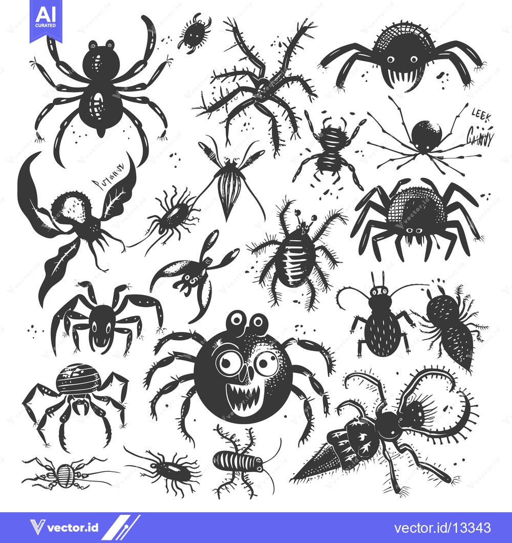 Premium Vector of A Collection of Hand-Drawn, Black-and-White Spiders and Other Insects