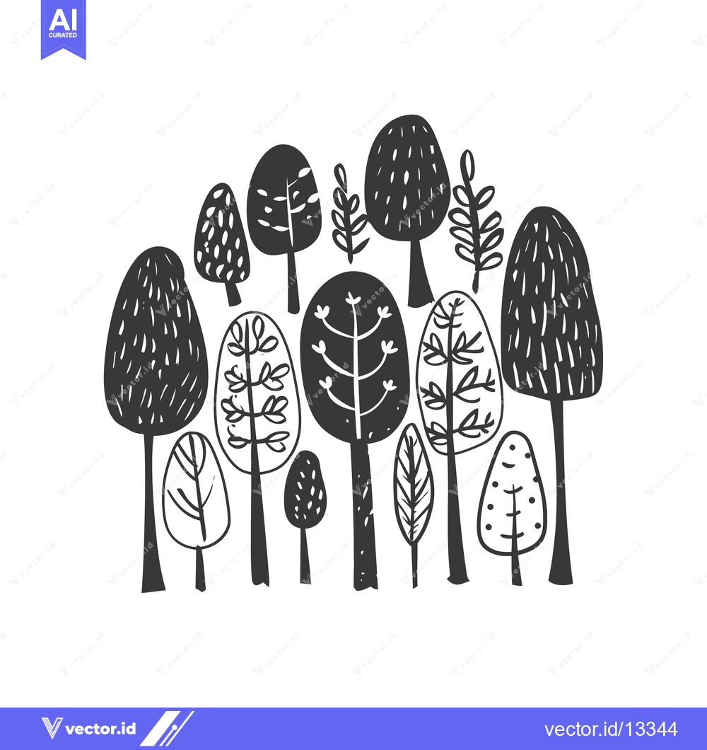 Premium Vector dari A Collection of Hand-Drawn Black and White Trees