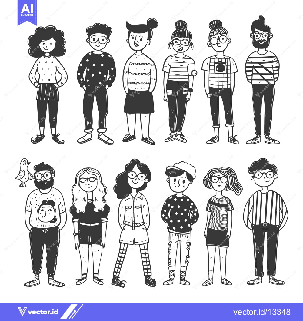 Premium Vector dari A Collection of Hand-Drawn Cartoon Characters in Various Outfits and P