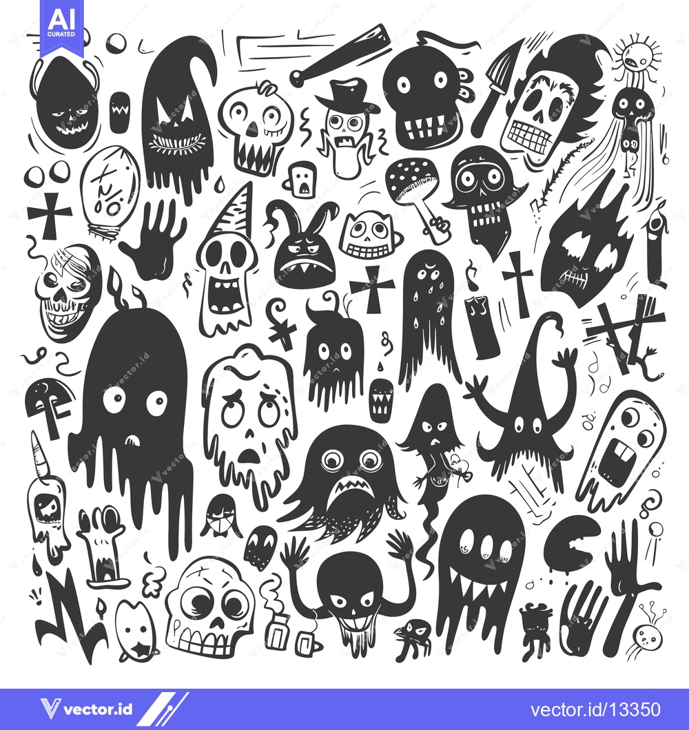 Premium Vector dari A Collection of Hand-Drawn Cartoon Monsters and Skulls