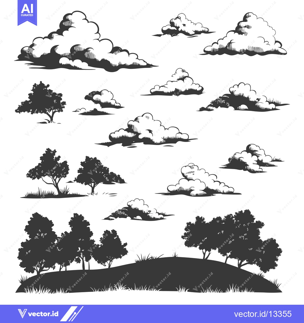 Premium Vector of A Collection of Hand-Drawn Clouds and Trees Silhouettes