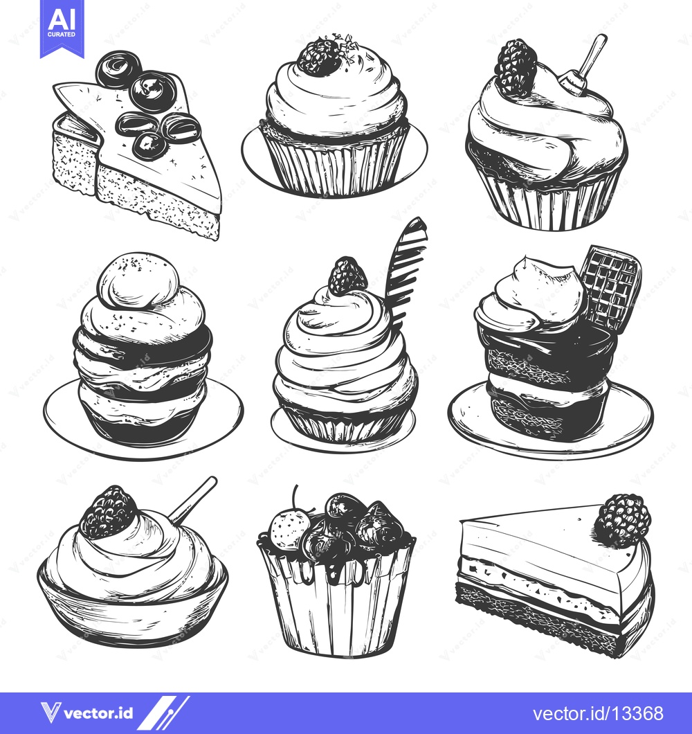 Premium Vector dari A Collection of Hand-Drawn Cupcakes, Cakes, and Pastries