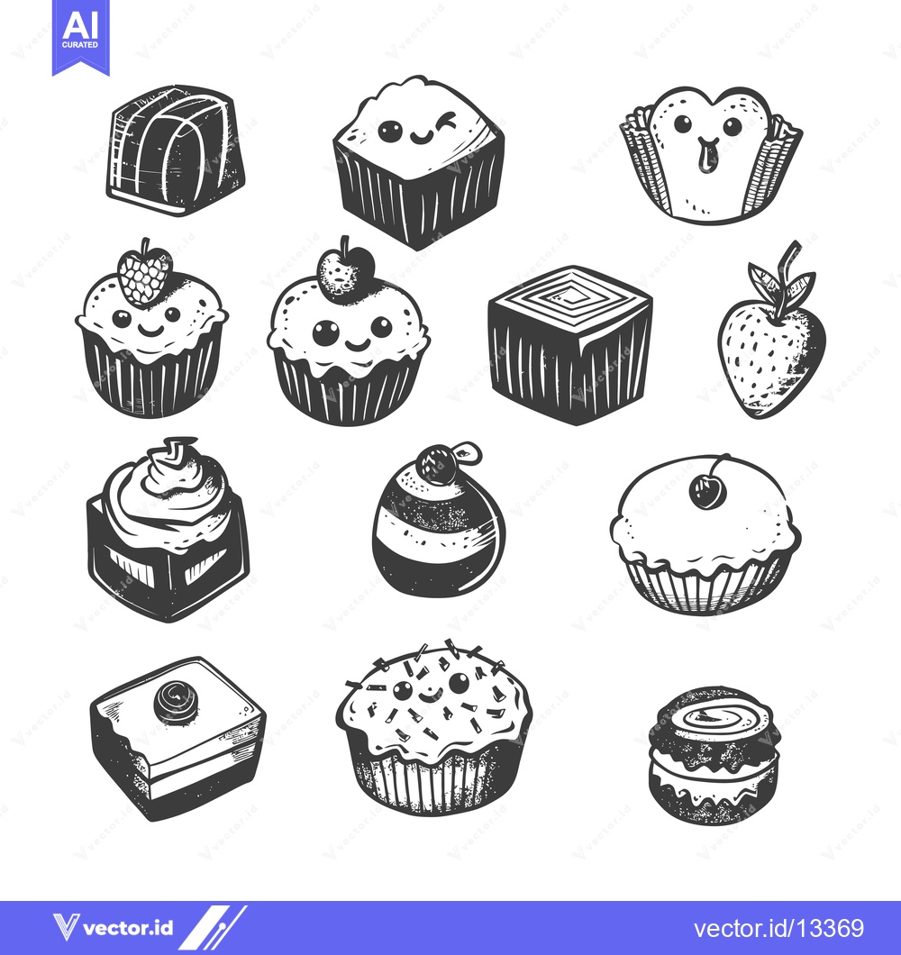 Premium Vector dari A Collection of Hand-Drawn Cupcakes, Cakes, and Sweets with Cartoon Fa