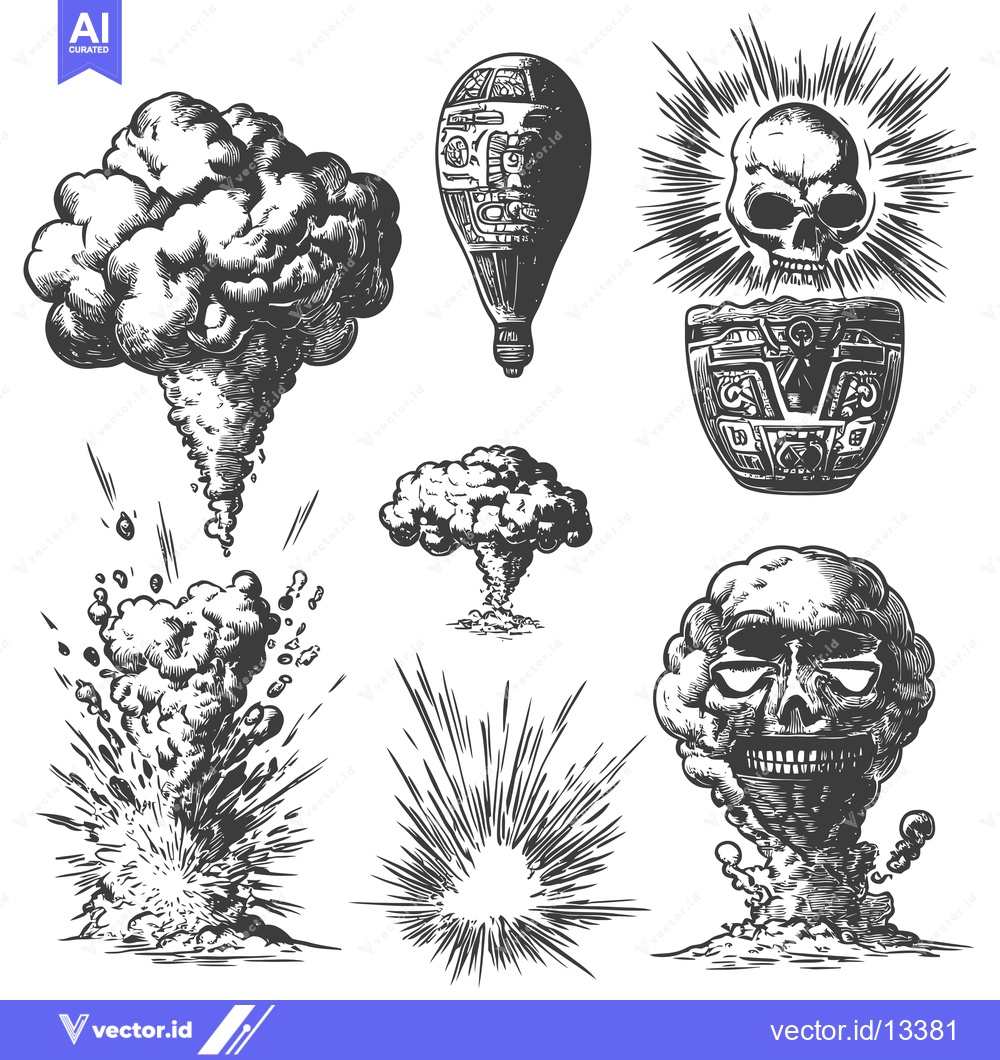 Premium Vector of A Collection of Hand-Drawn Explosions and Skulls in a Vintage Style