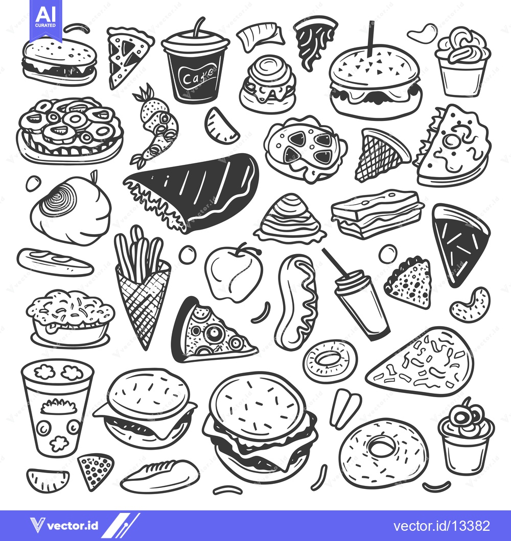 Premium Vector dari A Collection of Hand-Drawn Fast Food and Snacks Illustrations