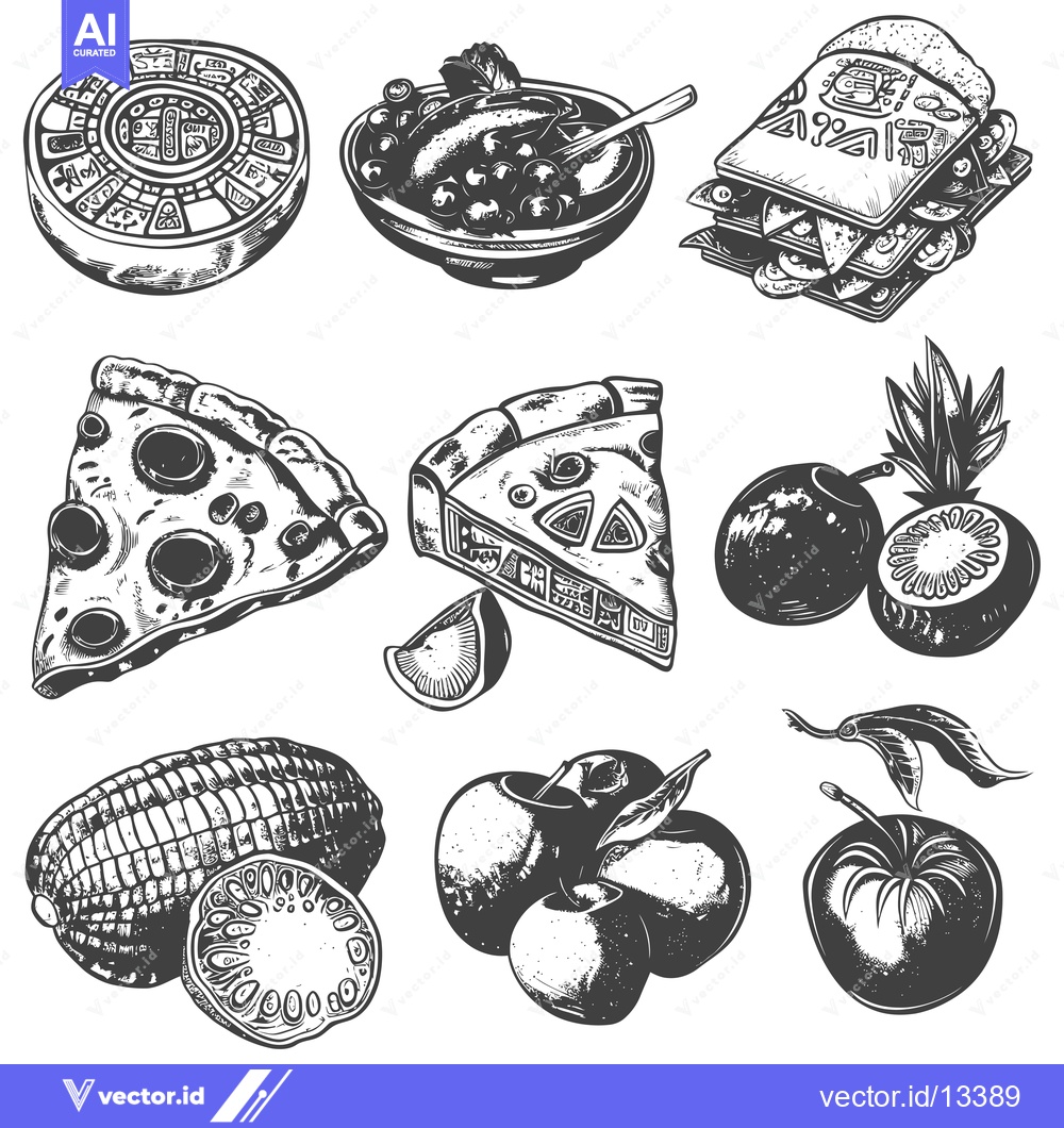 Premium Vector dari A Collection of Hand-Drawn Food Items in Black and White