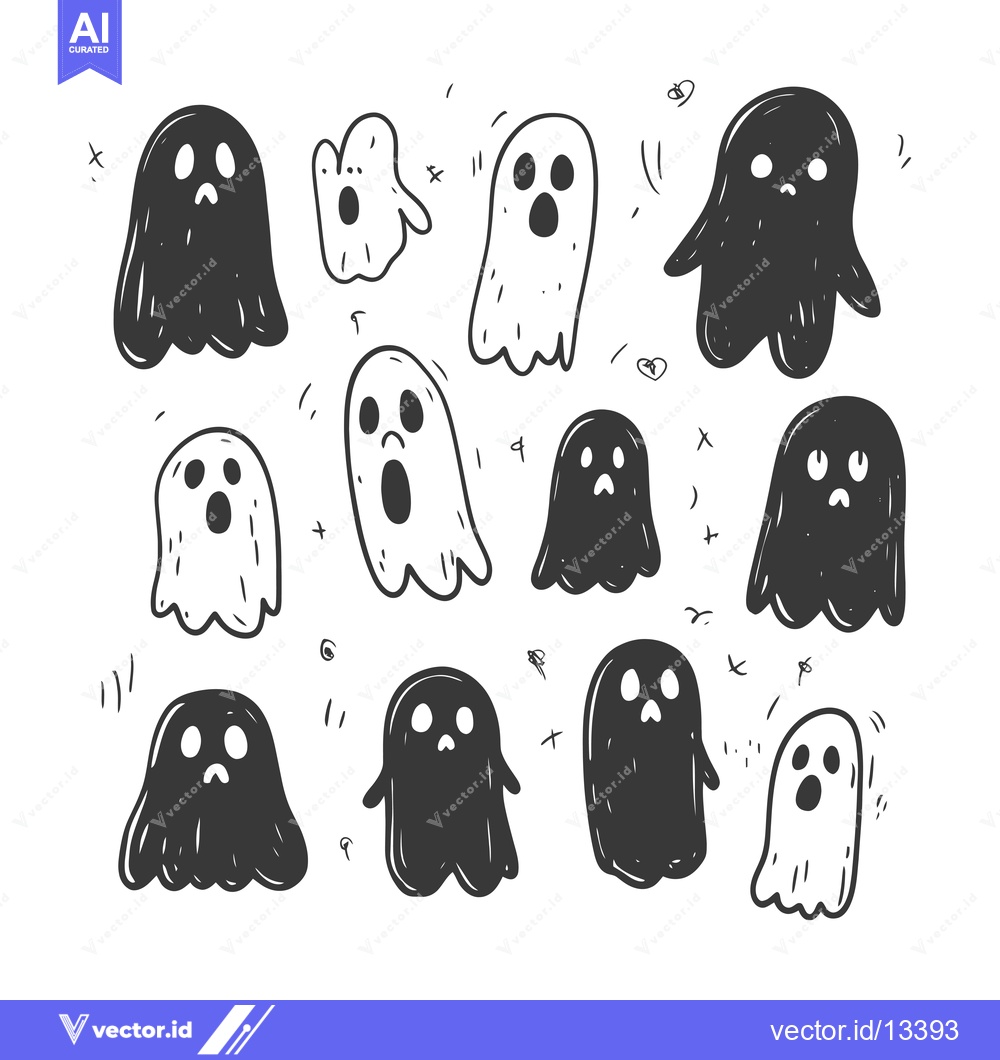 Premium Vector of A Collection of Hand-Drawn Ghost Illustrations in Black and White