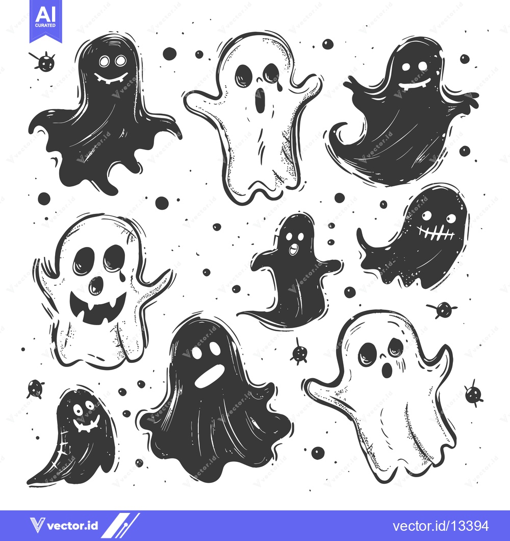 Premium Vector dari A Collection of Hand-Drawn Ghosts with Various Expressions