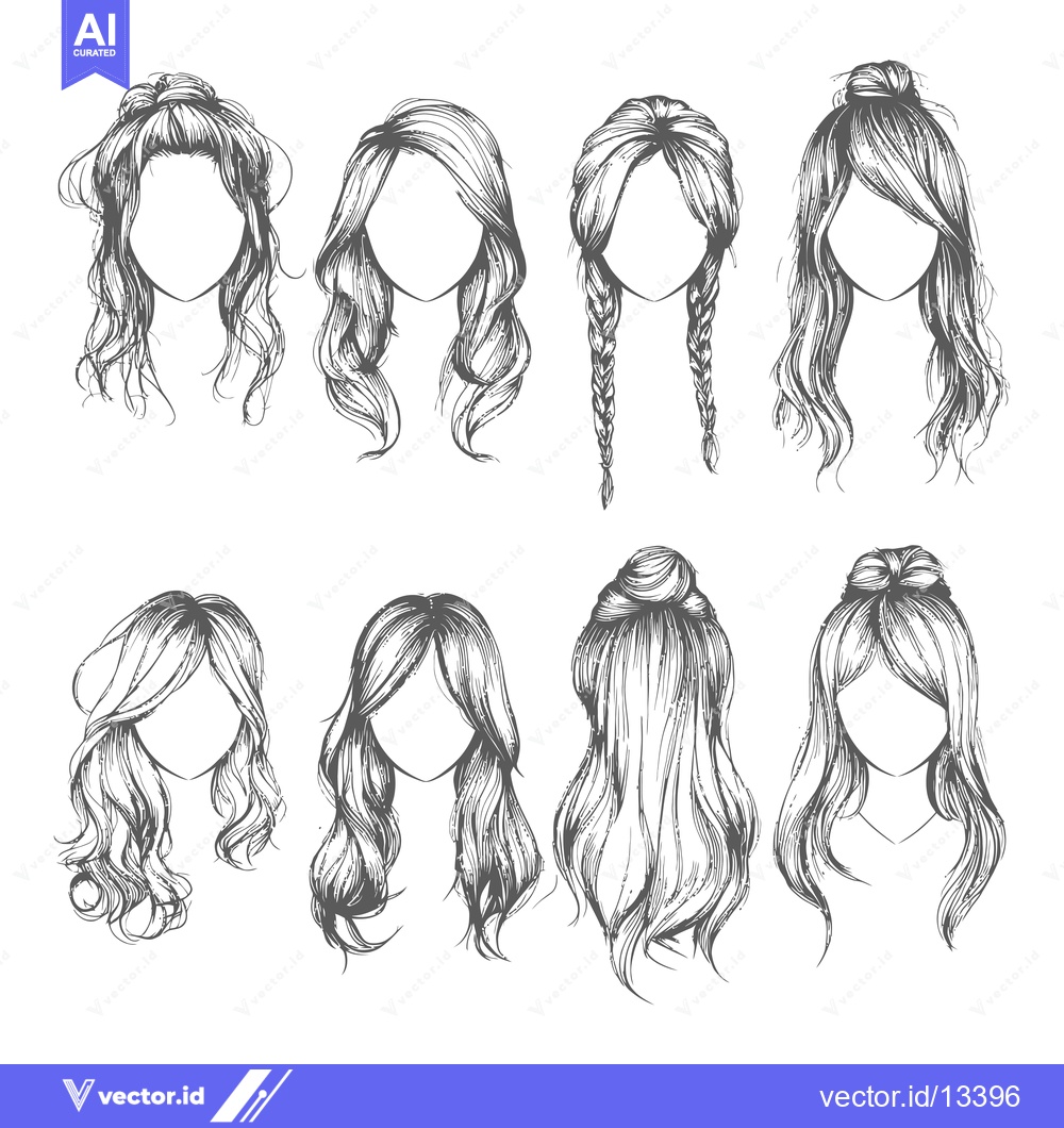 Premium Vector dari A Collection of Hand-Drawn Hairstyles for Women