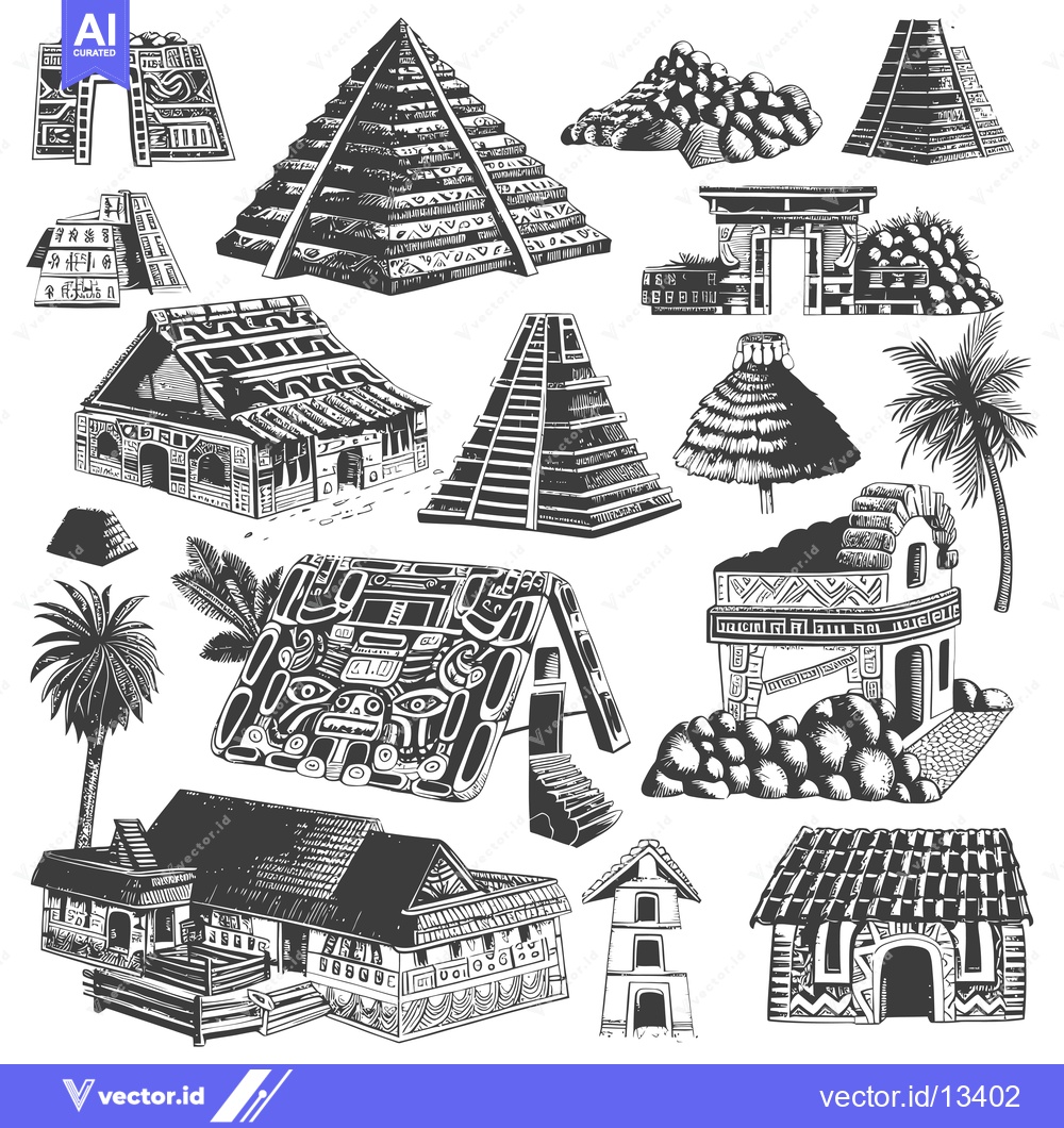Premium Vector dari A collection of hand-drawn illustrations depicting various Mayan struc