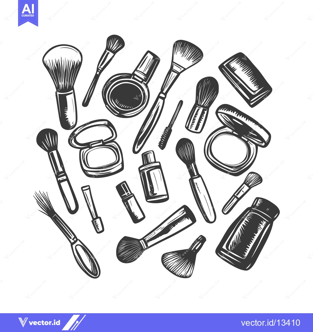 Premium Vector dari A Collection of Hand-Drawn Makeup Brushes, Powder Compacts, and Bottle
