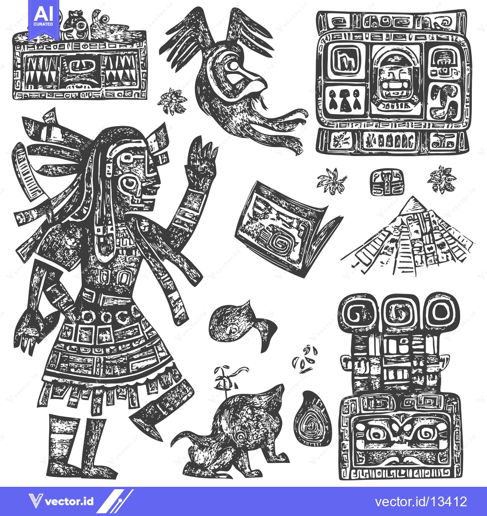Premium Vector of A Collection of Hand-Drawn Mayan-Style Illustrations