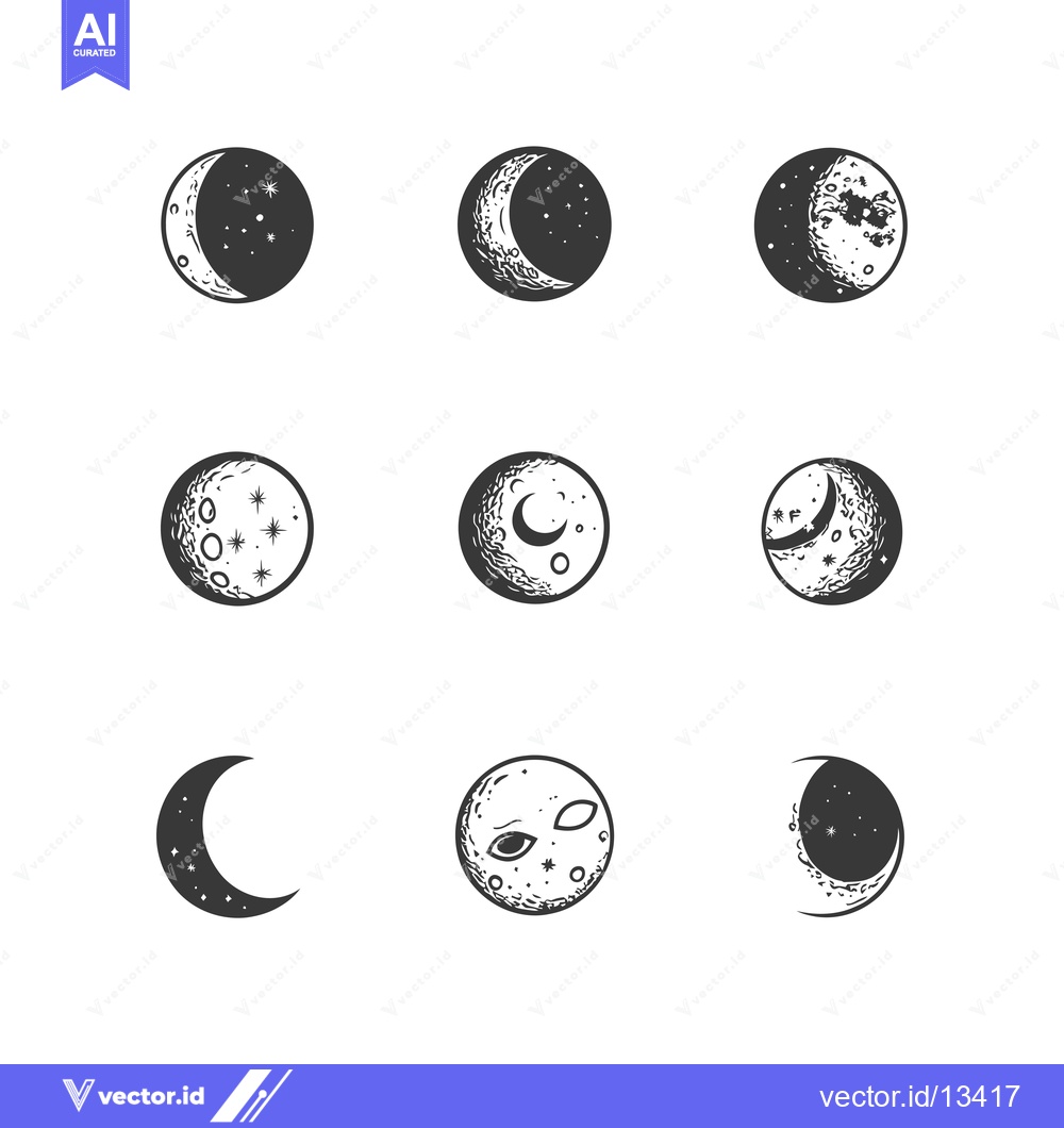 Premium Vector dari A Collection of Hand-Drawn Moon Phases with Detailed Surface Features
