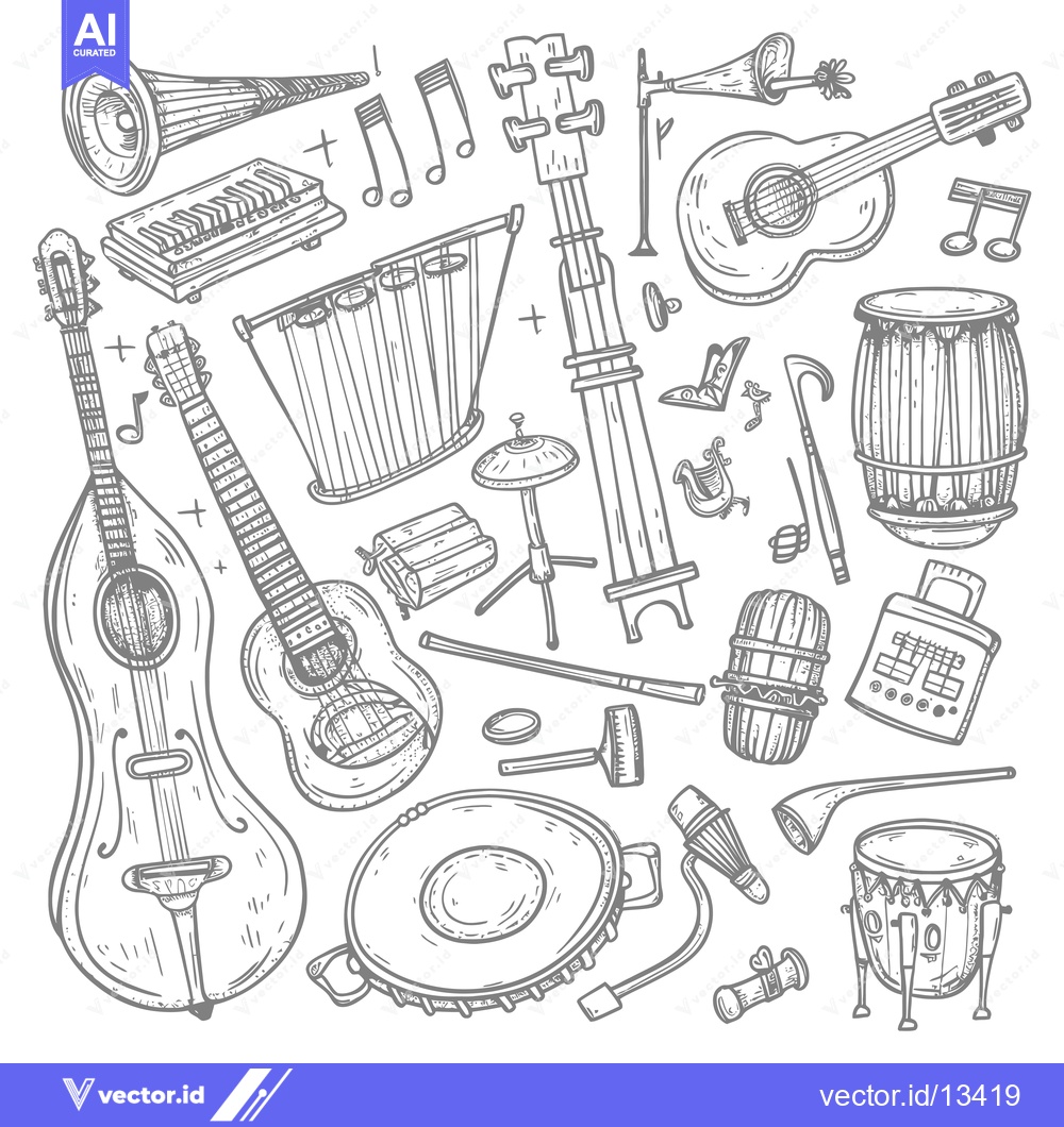 Premium Vector dari A Collection of Hand-Drawn Musical Instruments and Accessories