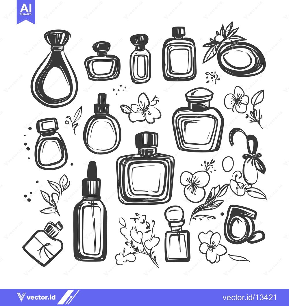 Premium Vector of A Collection of Hand-Drawn Perfume Bottles and Floral Elements