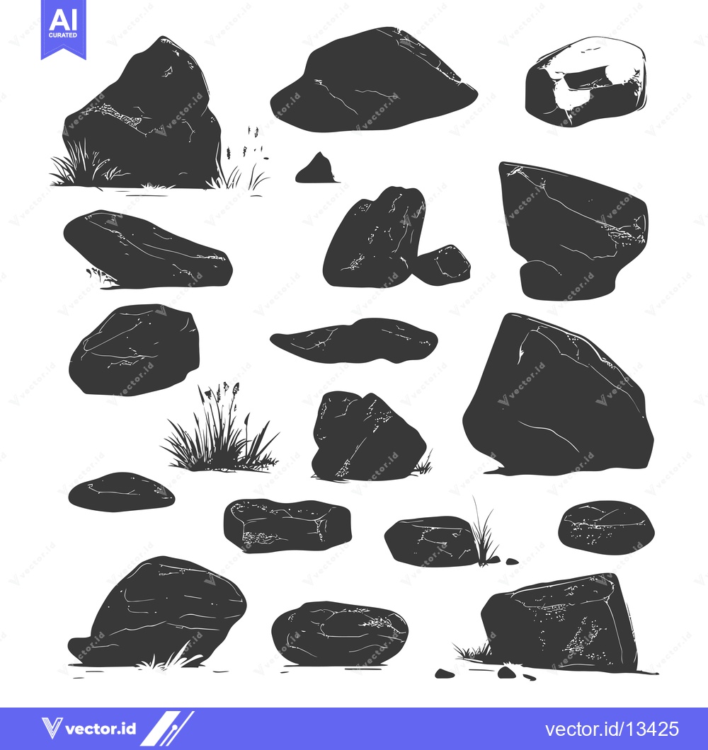 Premium Vector of A Collection of Hand-Drawn Rock Silhouettes with Grass