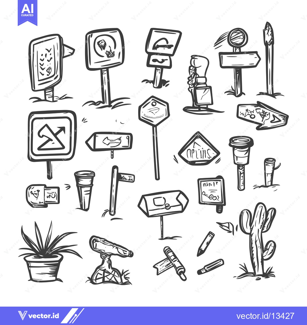 Premium Vector of A collection of hand-drawn signs, plants, and miscellaneous objects