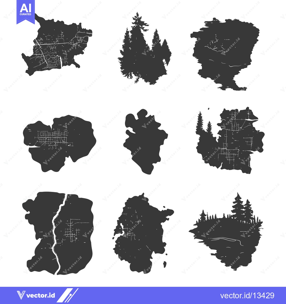 Premium Vector dari A Collection of Hand-Drawn Silhouettes of Islands and Forests