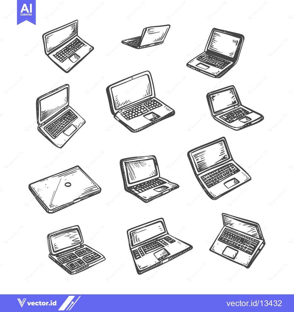 Premium Vector of A Collection of Hand-Drawn Sketch Illustrations of Laptops in Various