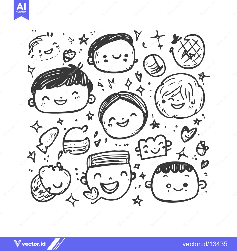Premium Vector of A Collection of Hand-Drawn Smiling Faces with Stars and Hearts