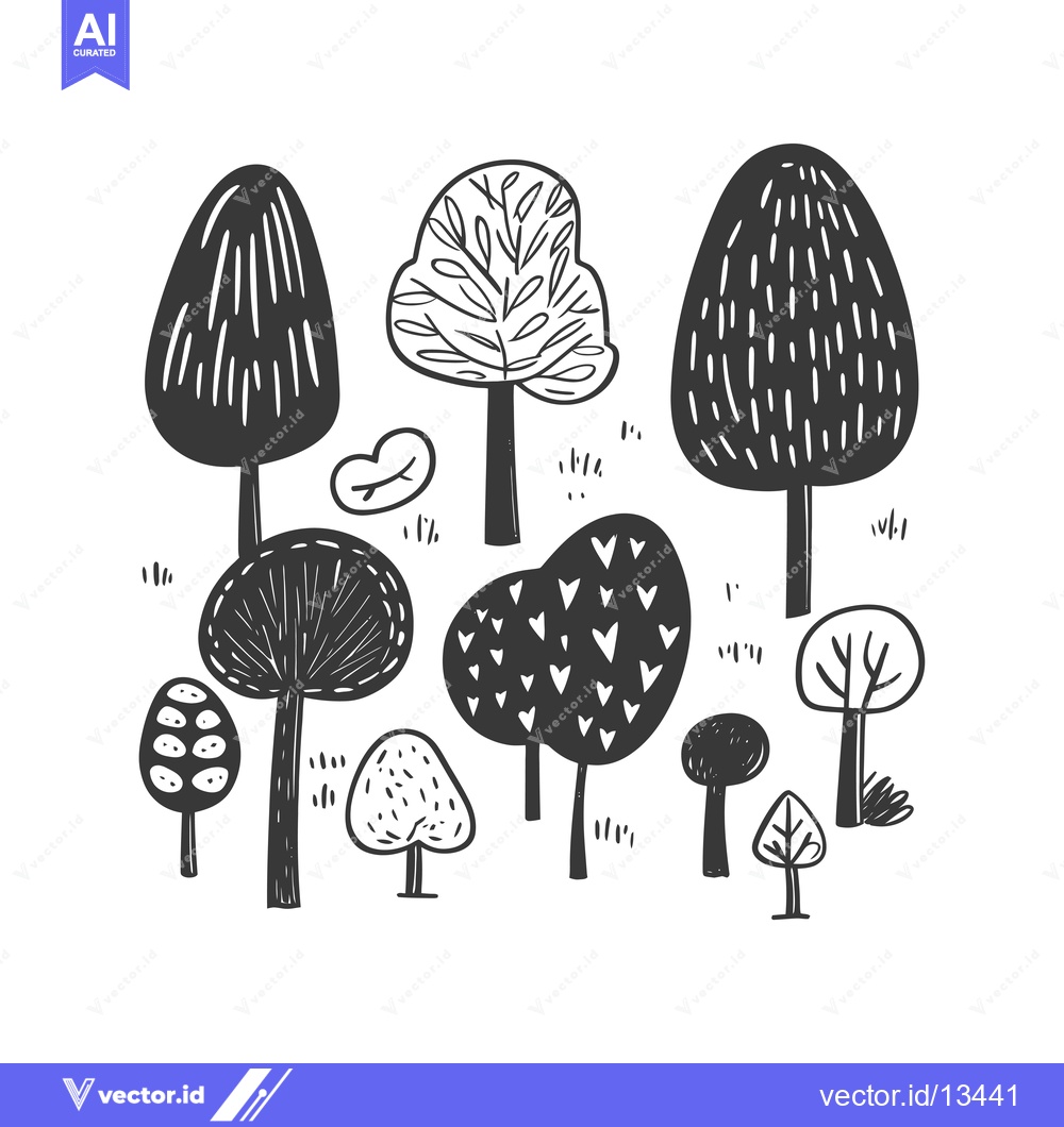 Premium Vector dari A collection of hand-drawn trees in black and white