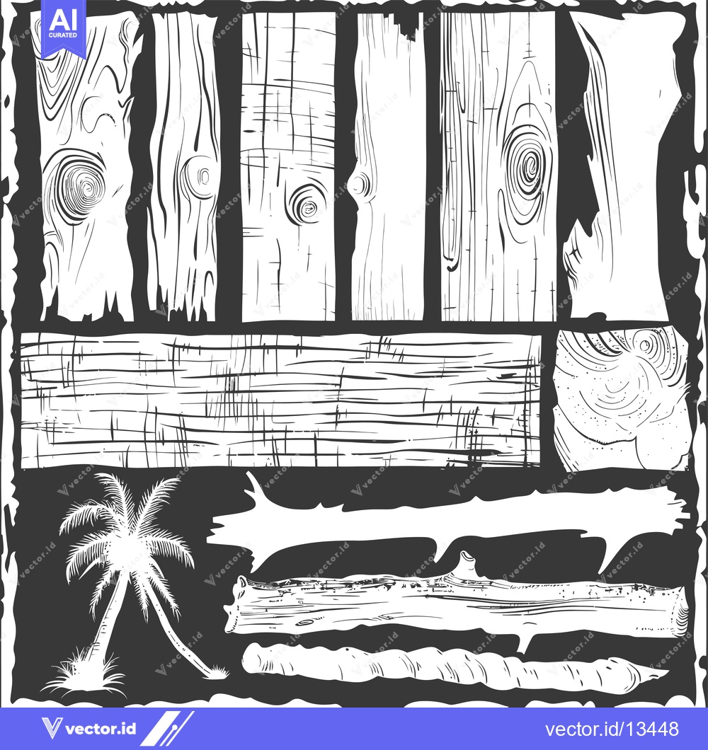 Premium Vector of A Collection of Hand-Drawn Wood Textures with a Palm Tree Silhouette