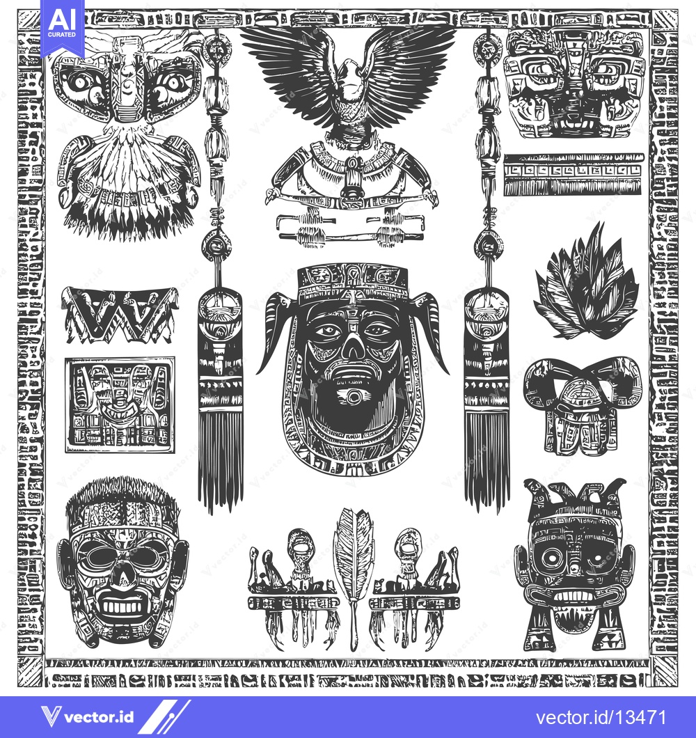 Premium Vector dari A Collection of Intricately Designed Ancient Mayan Masks and Symbols