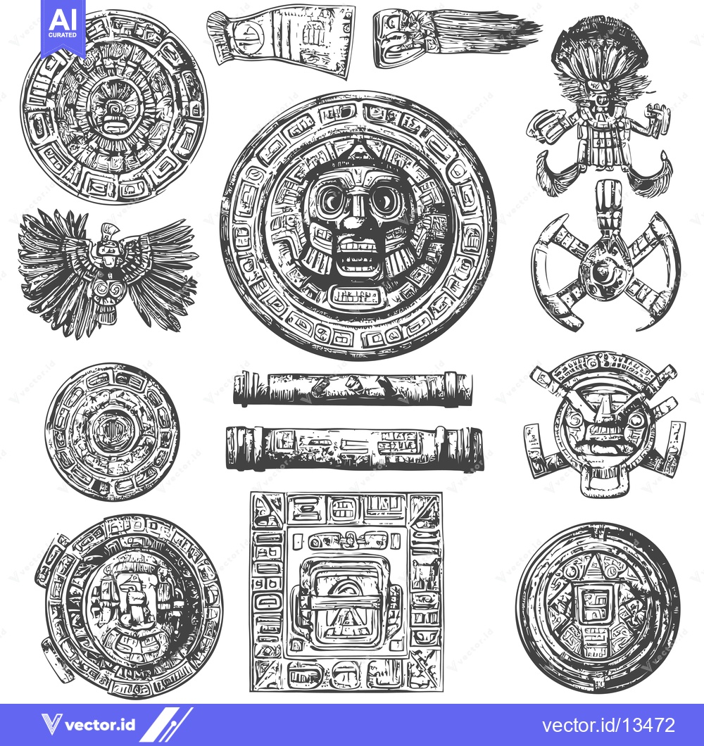 Premium Vector of A Collection of Intricately Detailed Mayan-Style Carvings