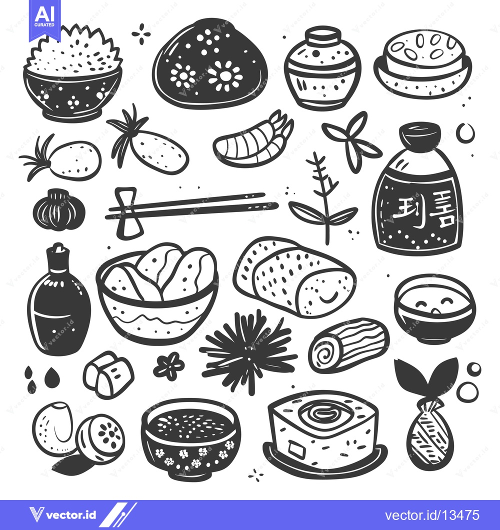 Premium Vector dari A Collection of Japanese Food and Ingredients in Black and White Illus