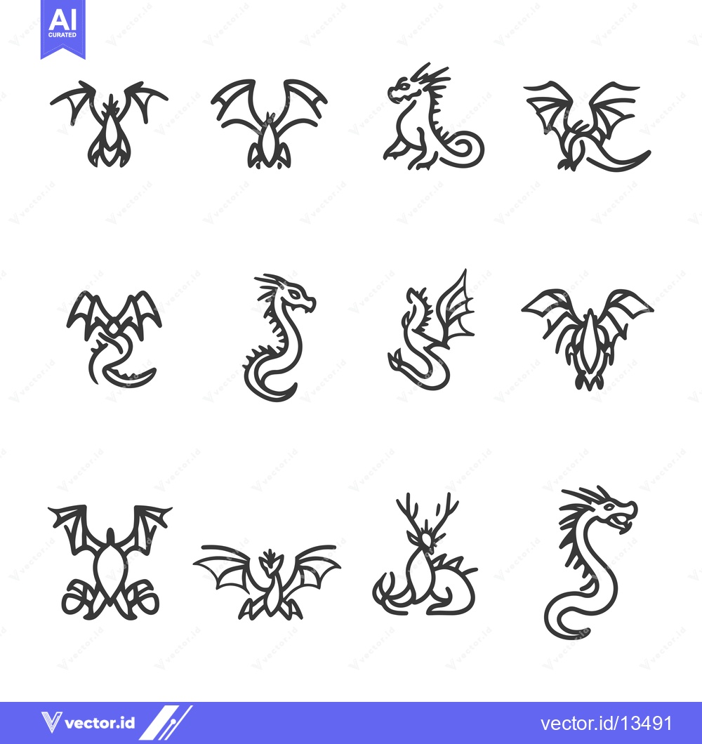 Premium Vector dari A Collection of Line Art Dragon Illustrations in Various Poses
