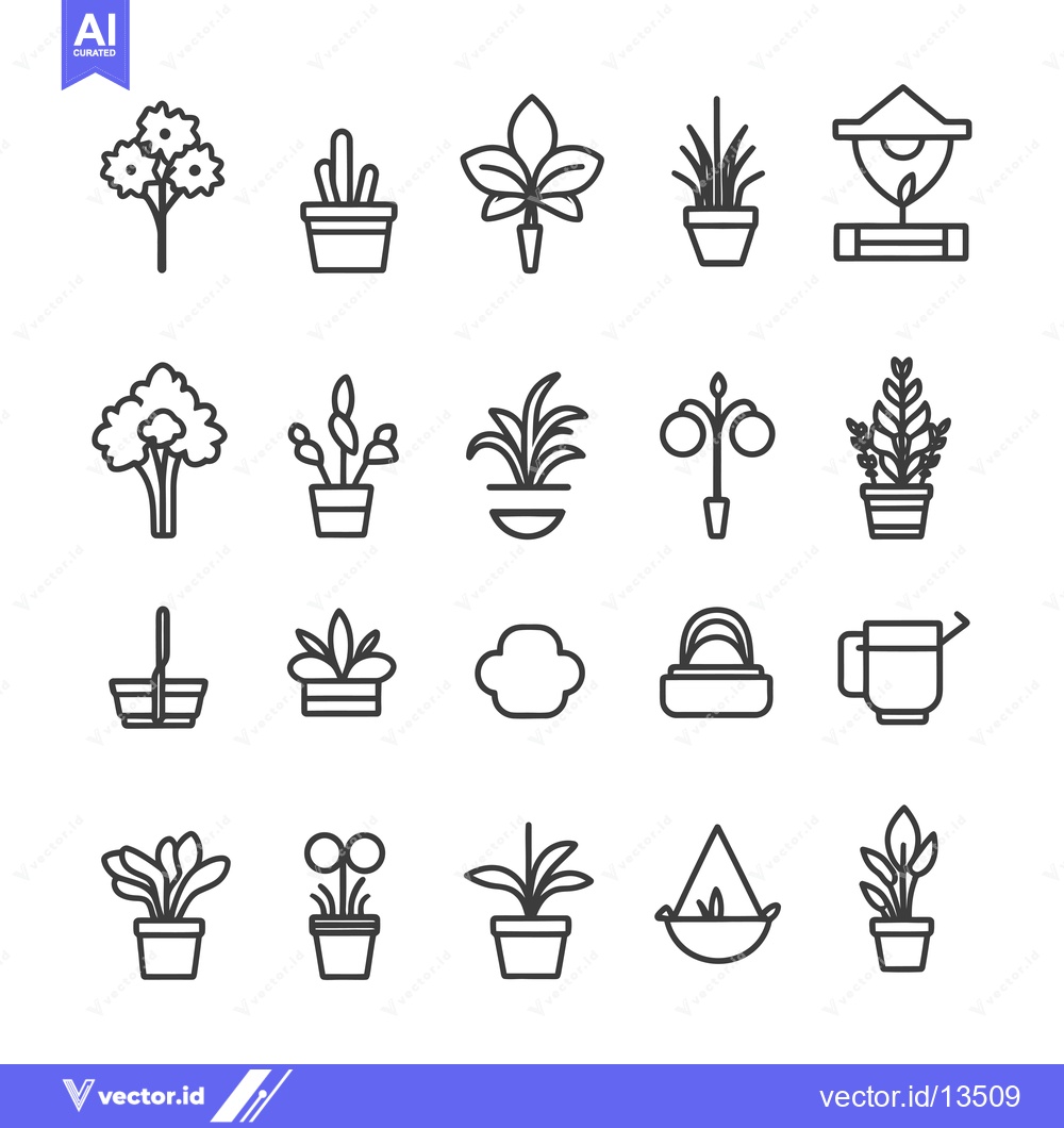 Premium Vector of A Collection of Line Art Icons Depicting Various Types of Houseplants