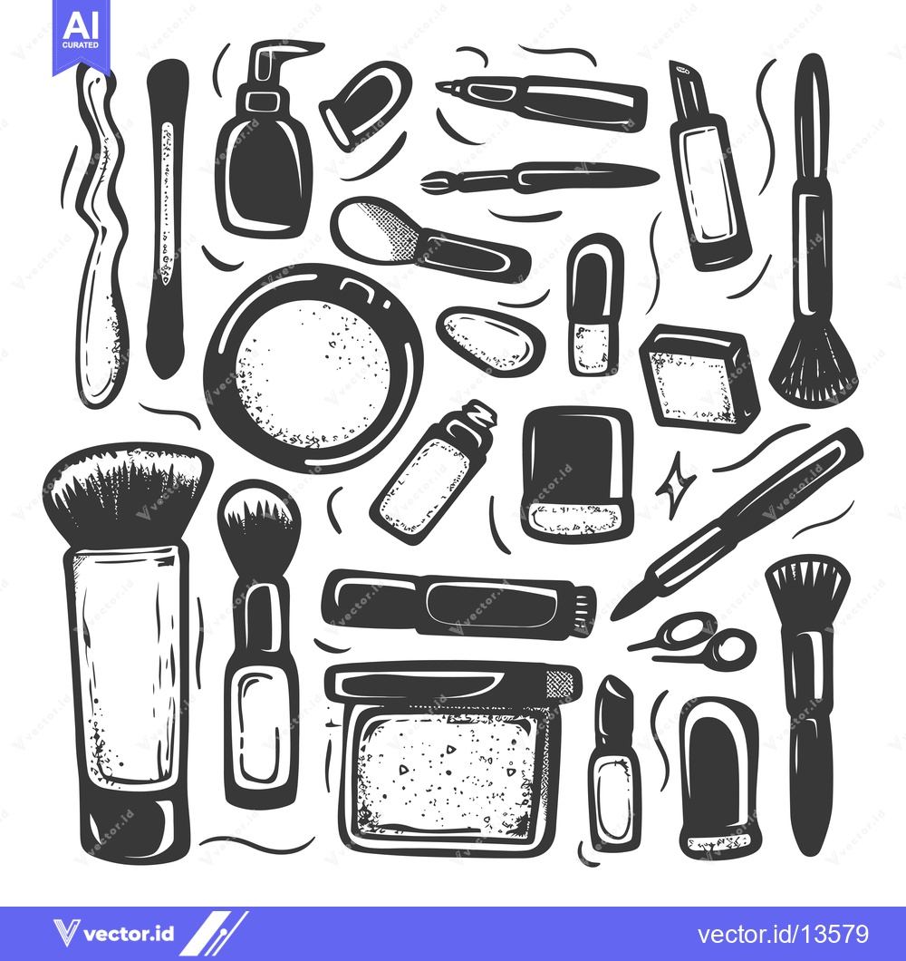 Premium Vector of A Collection of Makeup Brushes, Lipsticks, and Other Beauty Products