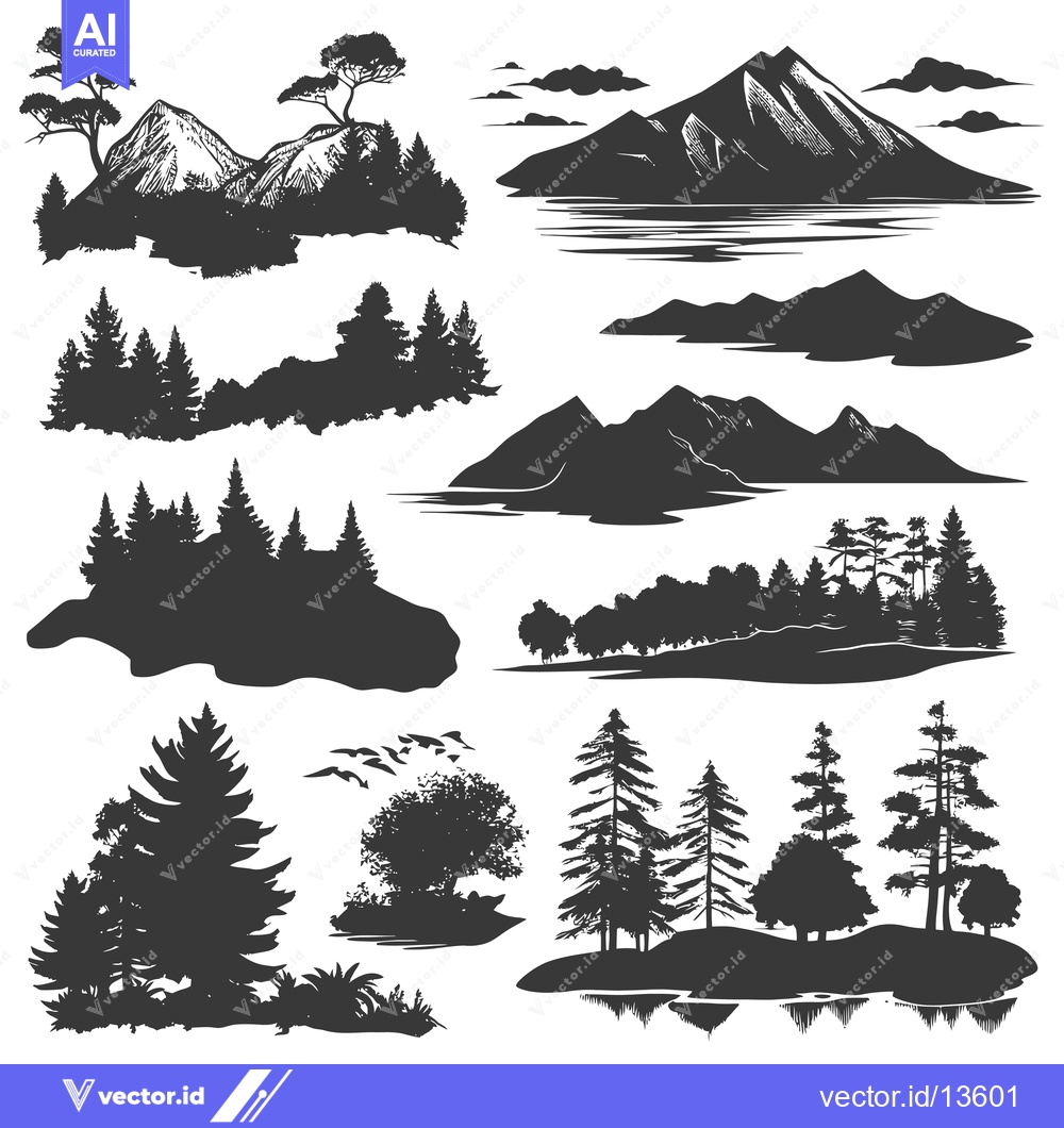 Premium Vector dari A Collection of Mountain, Forest, and Water Silhouettes