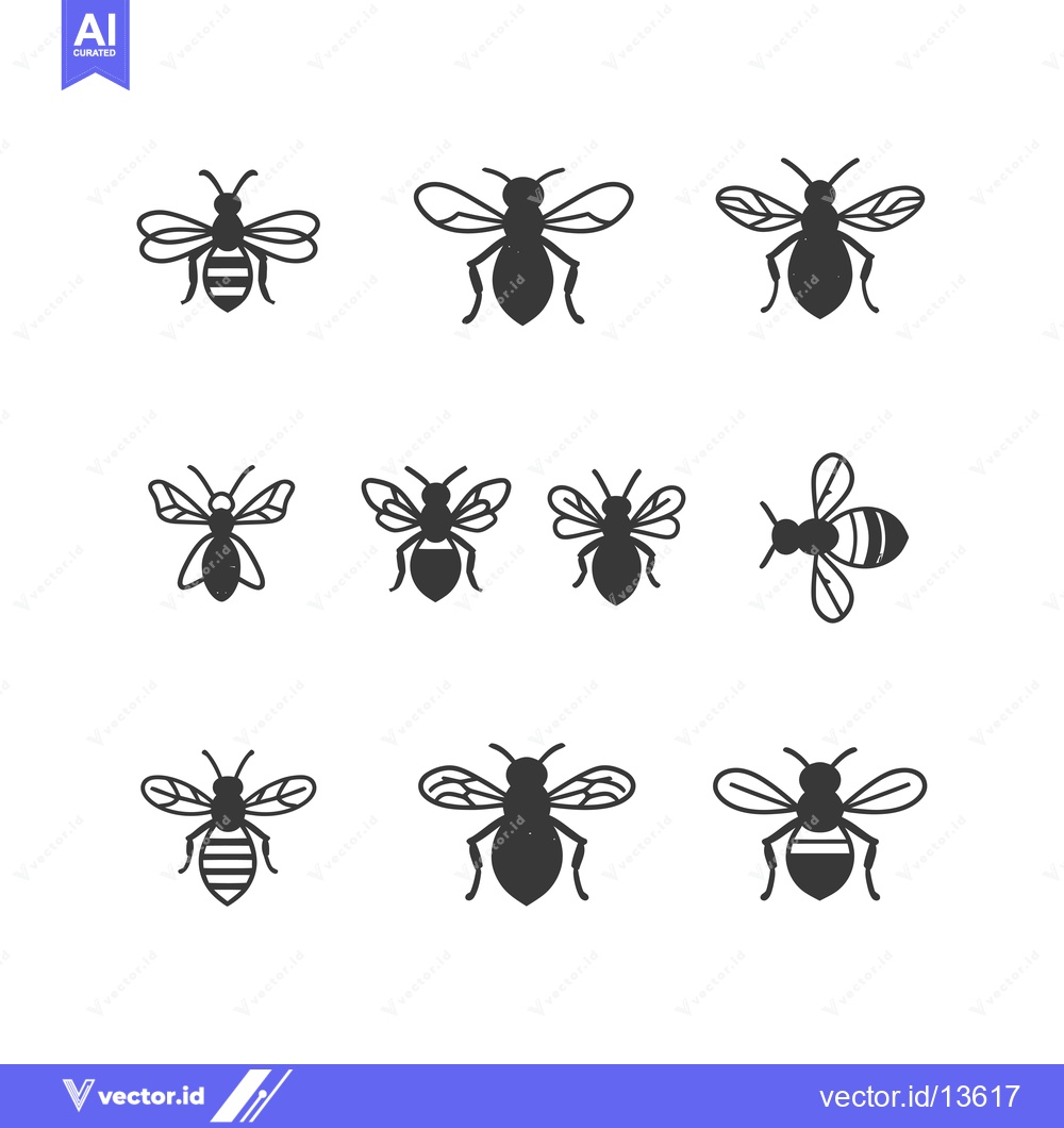 Premium Vector of A Collection of Nine Black and White Bee Silhouettes