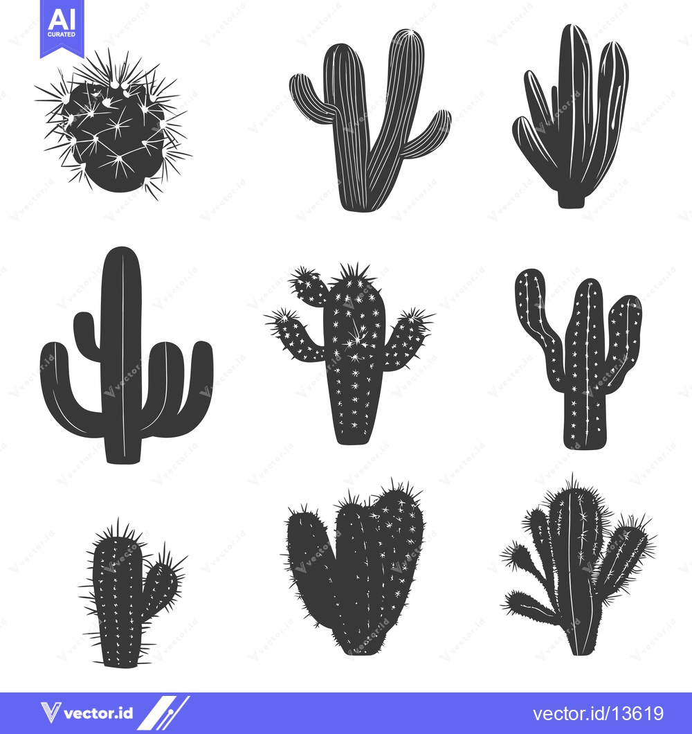 Premium Vector of A Collection of Nine Black and White Cactus Silhouettes