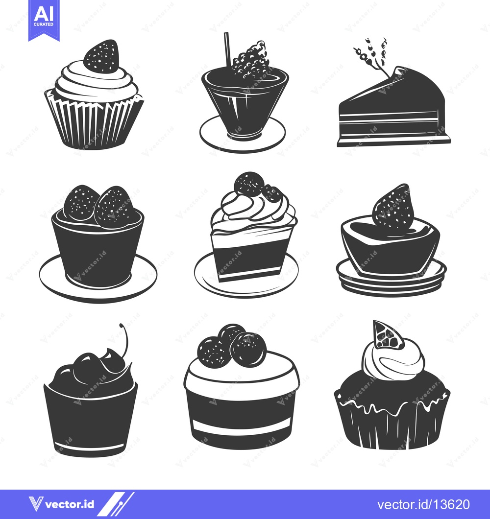 Premium Vector dari A Collection of Nine Black and White Dessert Silhouettes