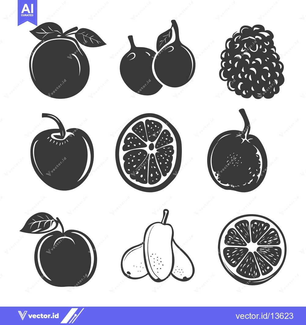 Premium Vector dari A Collection of Nine Black and White Fruits and Berries