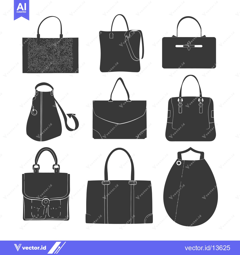 Premium Vector dari A Collection of Nine Black and White Hand-Drawn Bag Silhouettes