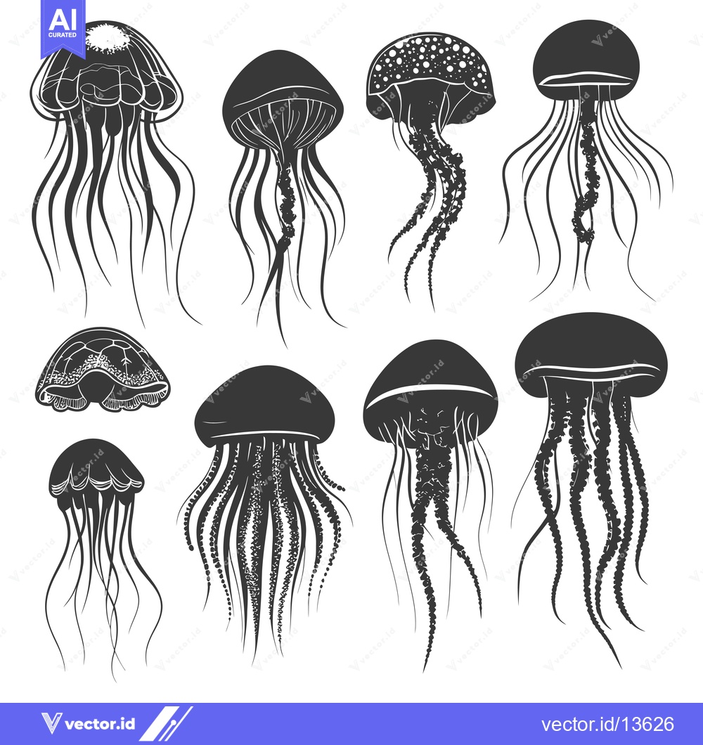 Premium Vector of A Collection of Nine Black and White Jellyfish Silhouettes