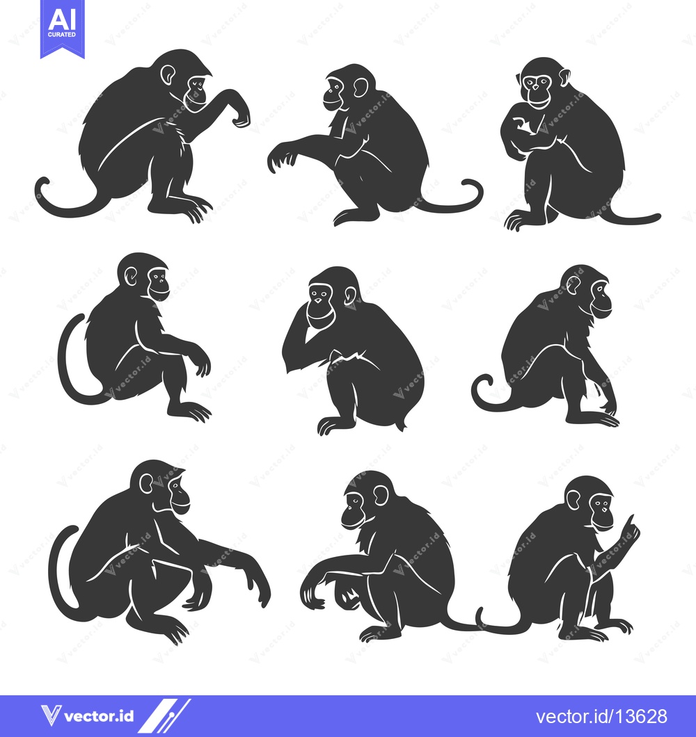 Premium Vector dari A Collection of Nine Black and White Monkey Silhouettes