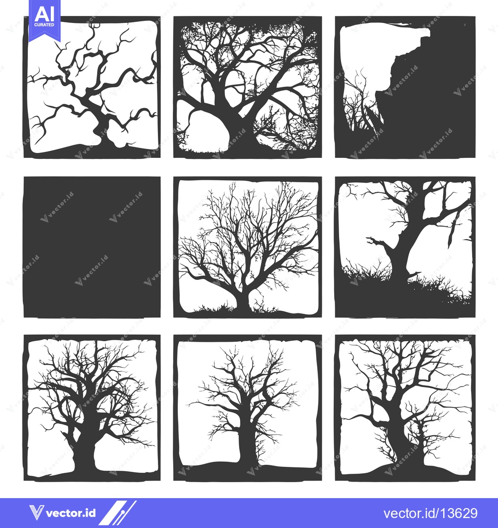 Premium Vector dari A Collection of Nine Black and White Silhouettes of Bare Trees
