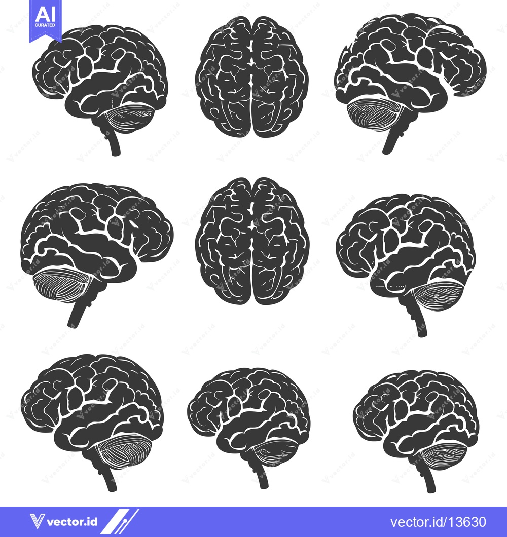 Premium Vector dari A Collection of Nine Black and White Silhouettes of Human Brains